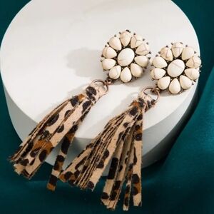 🆕️ Ivory Turquoise Flower &  Leopard Tassel Drop Earrings